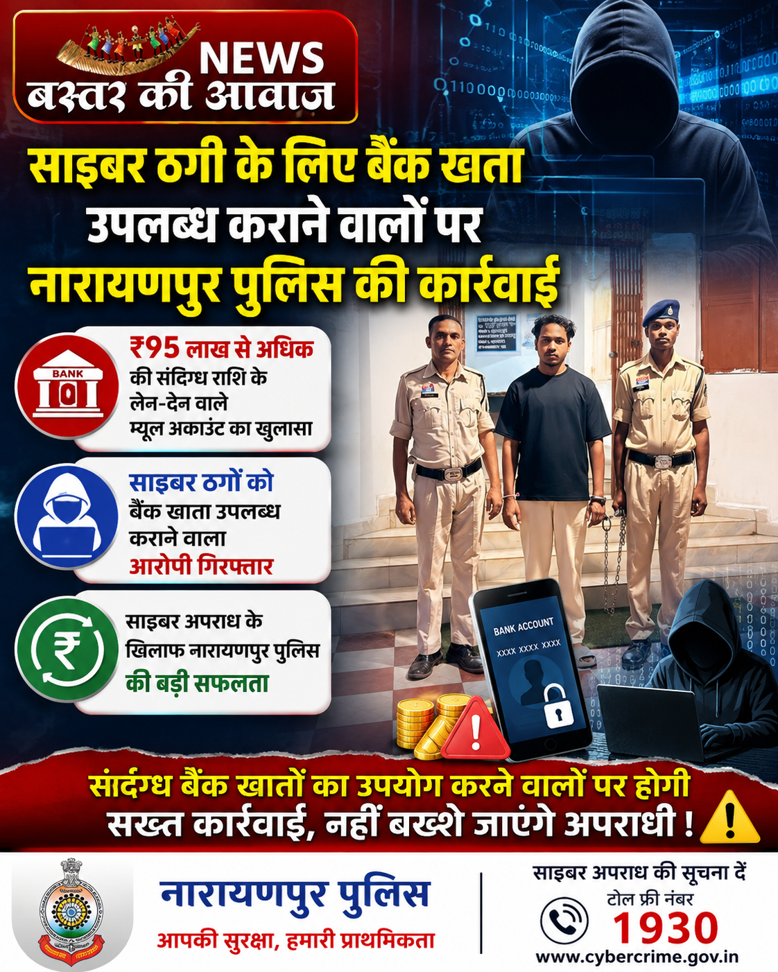 नारायणपुर: साइबर ठगों को बैंक खाता उपलब्ध कराने वाला आरोपी नारायणपुर निवासी म्यूल खाताधारक गिरफ्तार